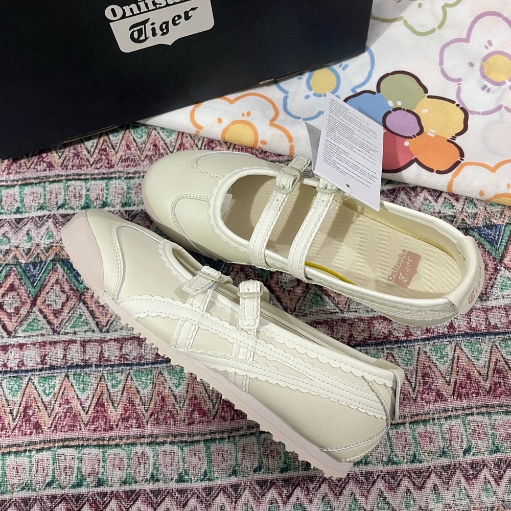Onitsuka Tiger by Asics Cream Mary Jane Moccasins with Pale Pink Toe